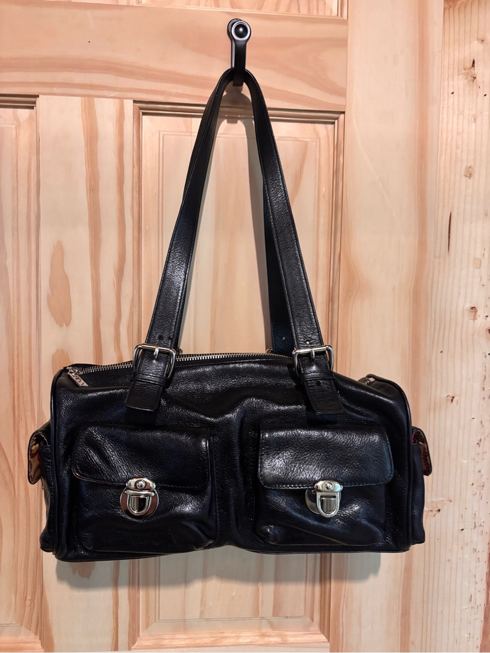 Maxx New York Black Leather Double-Pocket Shoulder Bag